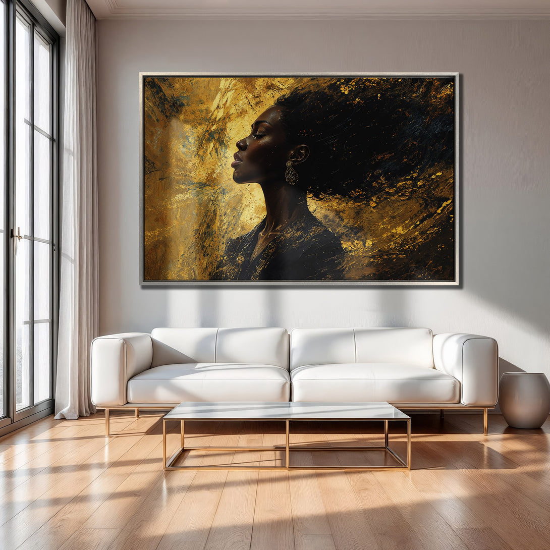 Framed Wall Art of a woman with flowing hair in gold and black abstract style. Modern art for your home.