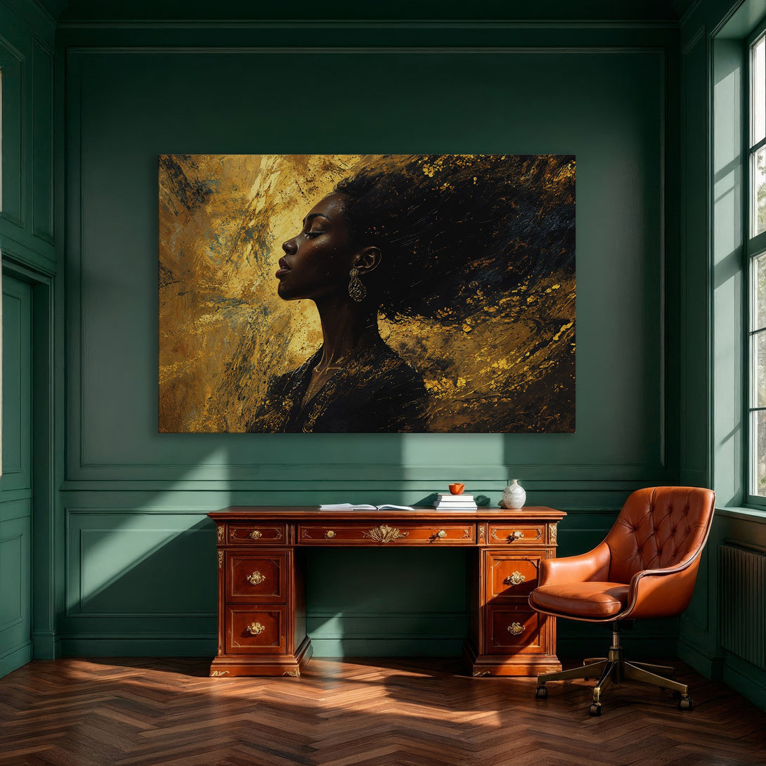 Framed Wall Art: Abstract portrait of a woman in gold and black, displayed in a modern dining room. Enhance your space with this stunning art.