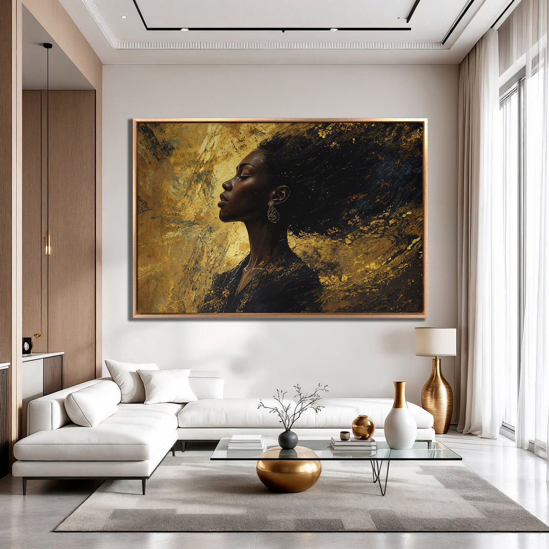 Framed Wall Art featuring a striking profile of a woman with flowing hair, abstract gold and black art. Modern interior design with a neutral color palette.