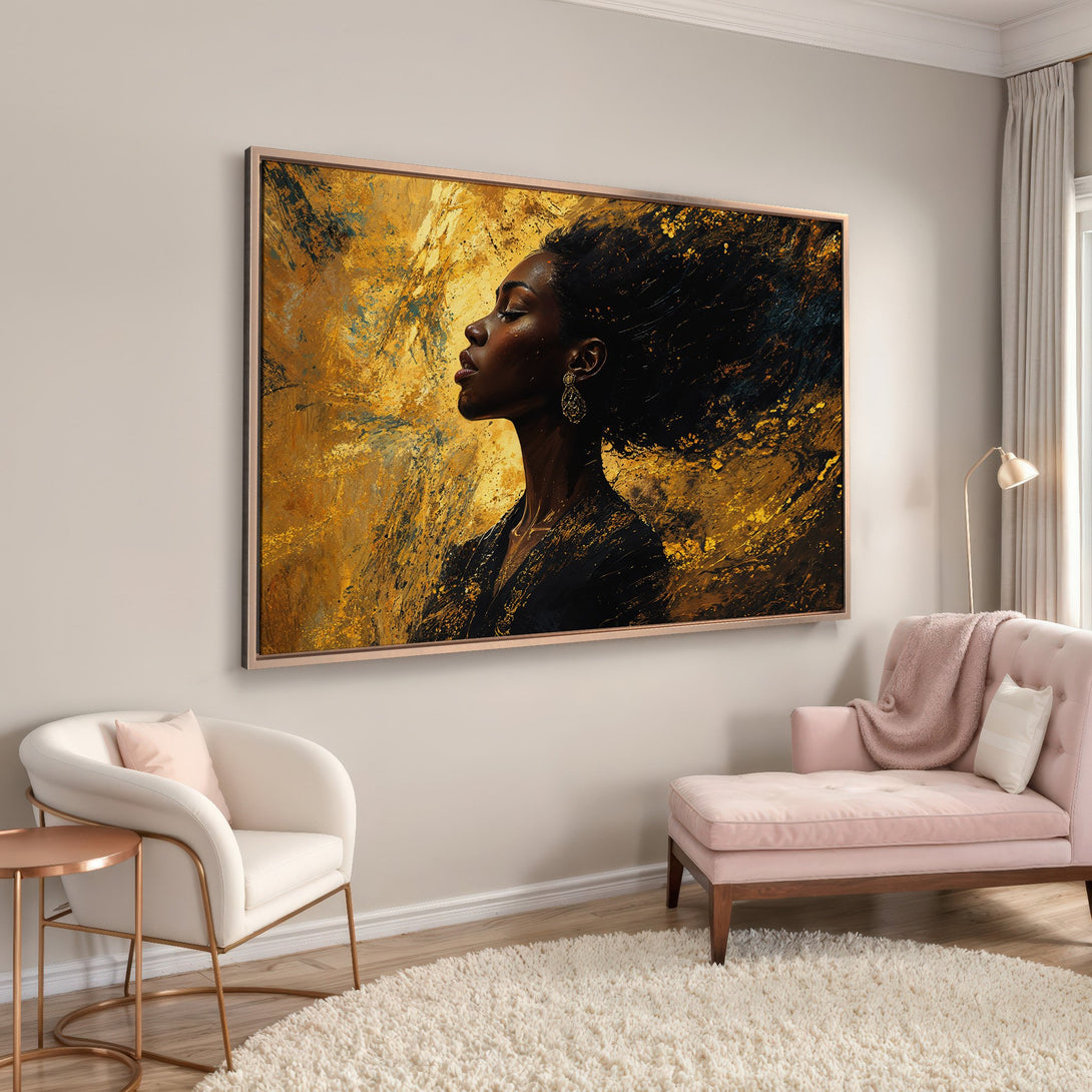 Framed Wall Art: Abstract portrait of a woman in gold and black. Modern art canvas print with a warm, luxurious color palette.