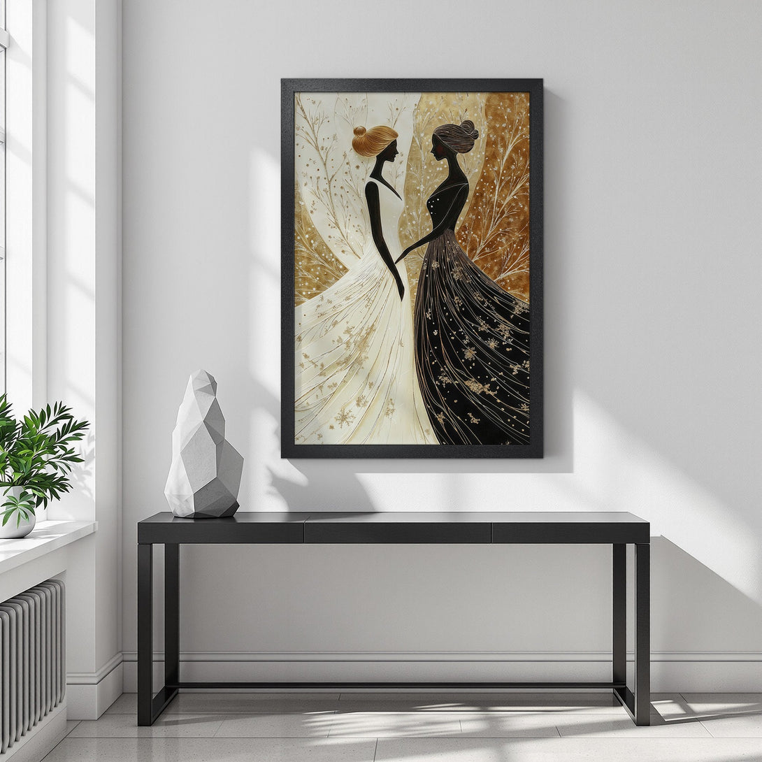 Framed Poster featuring two women in elegant dresses, gold and black palette, perfect for modern home decor.