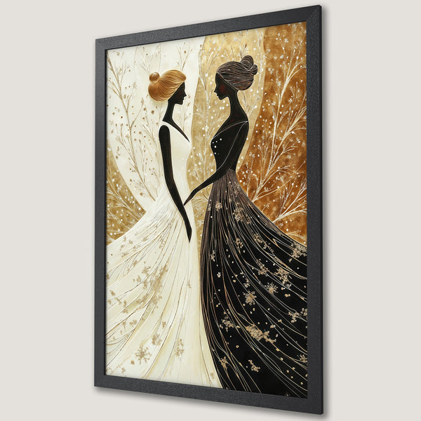 Framed Poster featuring two women in elegant gowns, artistic style with gold, black, and cream color palette. Perfect wall art!