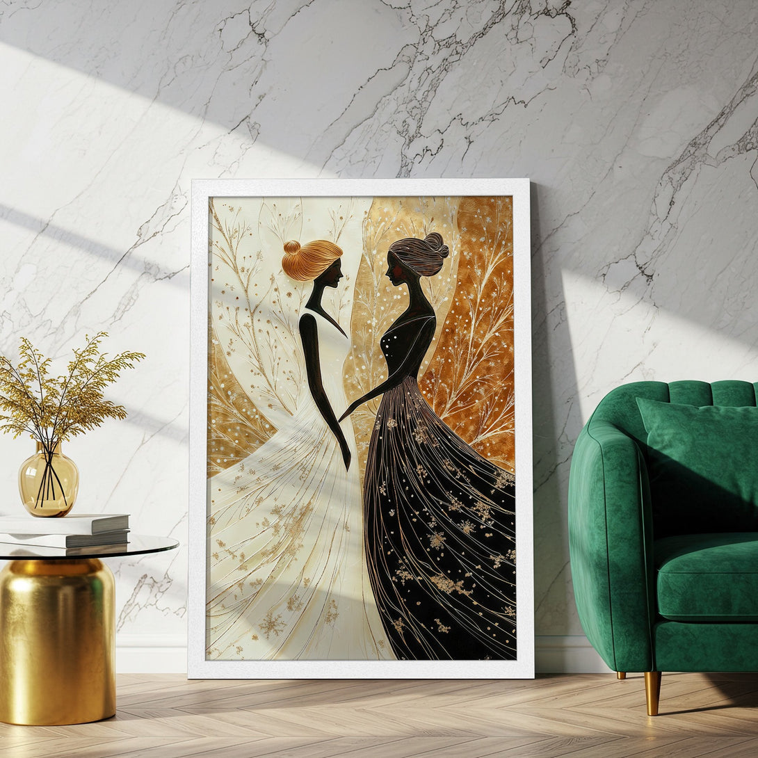 Framed Poster featuring two elegant women in a stylish, abstract design with a gold, black, and cream color palette. Perfect for home decor.