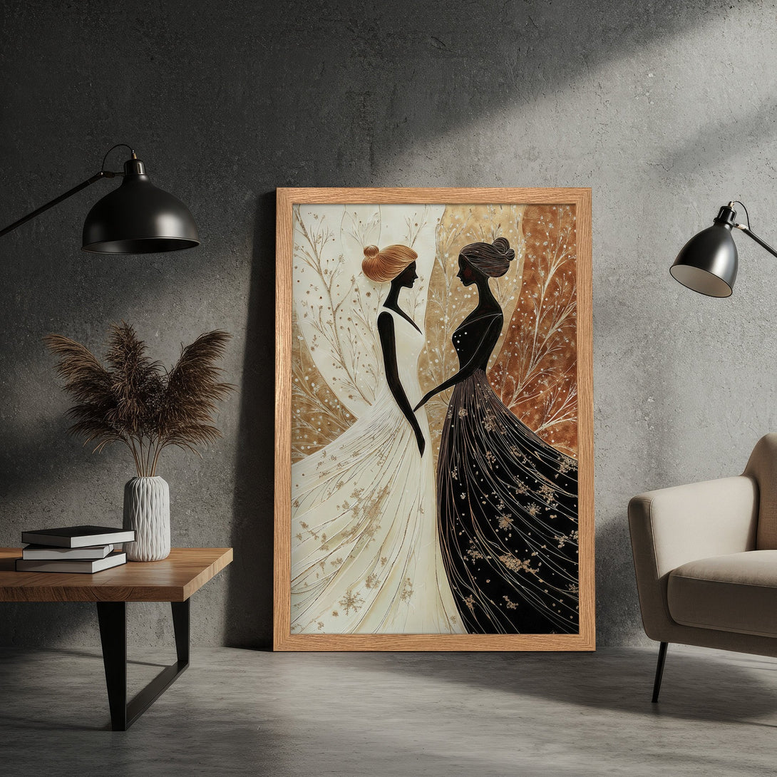 Framed Poster of elegant women in black and white dresses, neutral color palette. Perfect wall art!