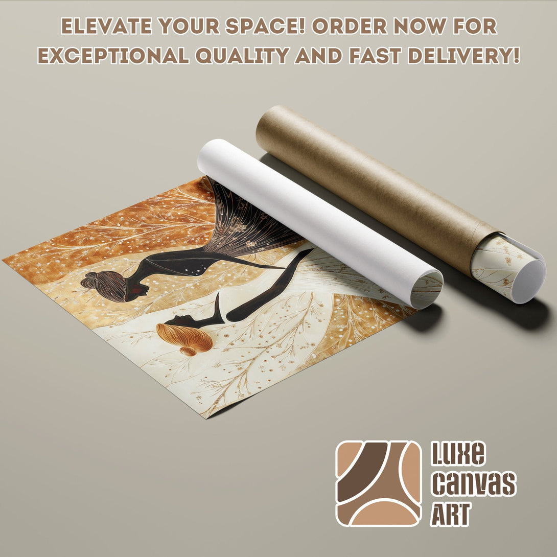 Abstract art poster roll with figures in warm, neutral tones. Elevate your space!