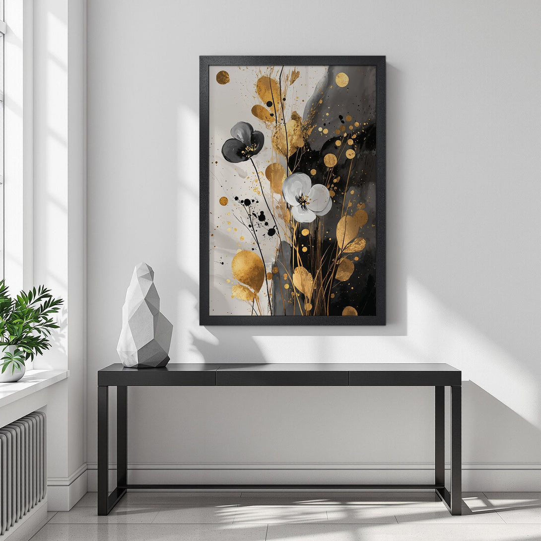 Framed Poster featuring abstract floral art in black, white, and gold. Modern style, perfect for home decor.