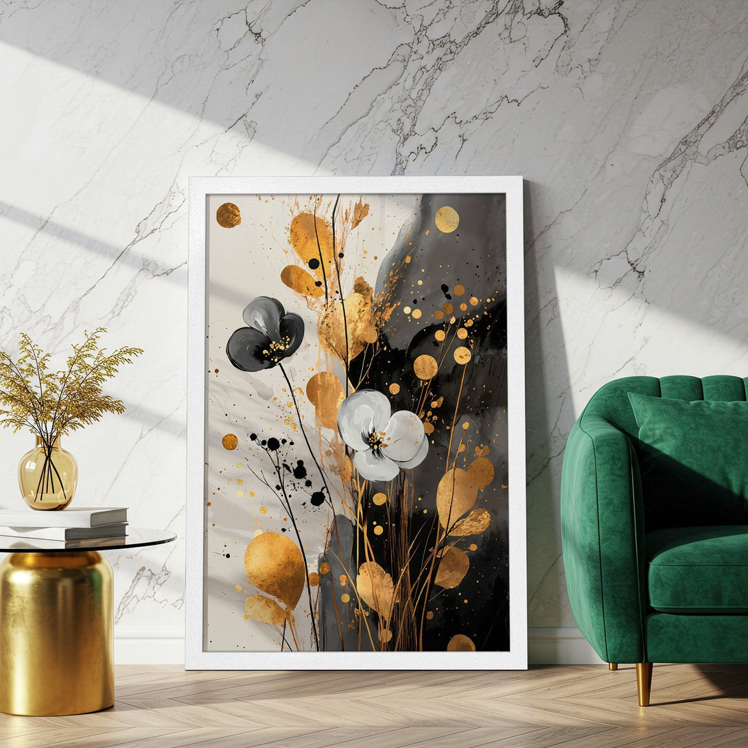 Framed Poster featuring abstract floral art in gold, black, and white. Modern wall decor for a stylish home.