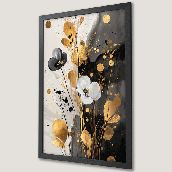 Framed Poster featuring abstract floral art in black, white, and gold. Modern style, perfect for home decor.