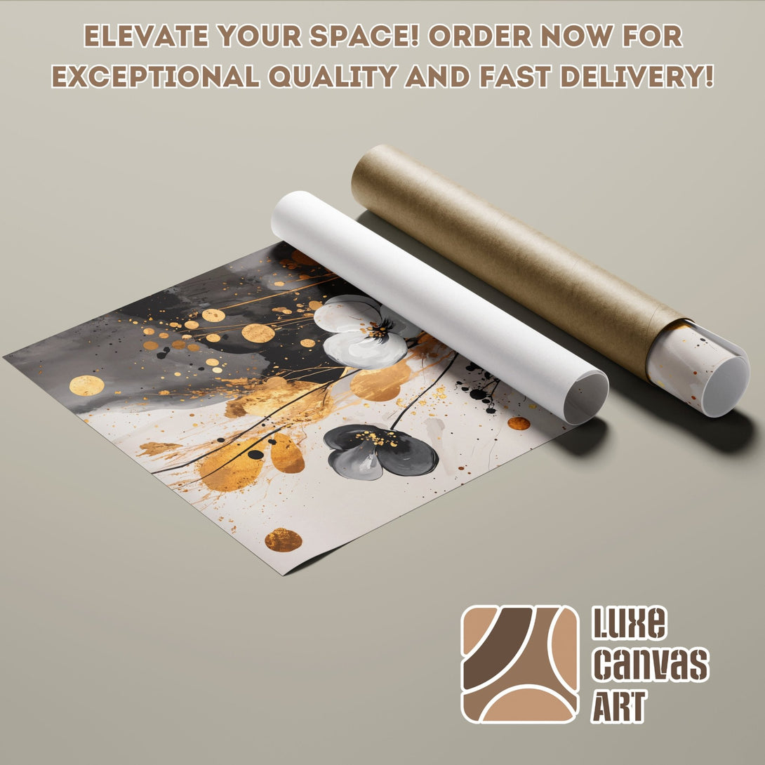 Abstract floral Poster Roll art with gold accents, gray, black, and white color palette. Elevate your space!