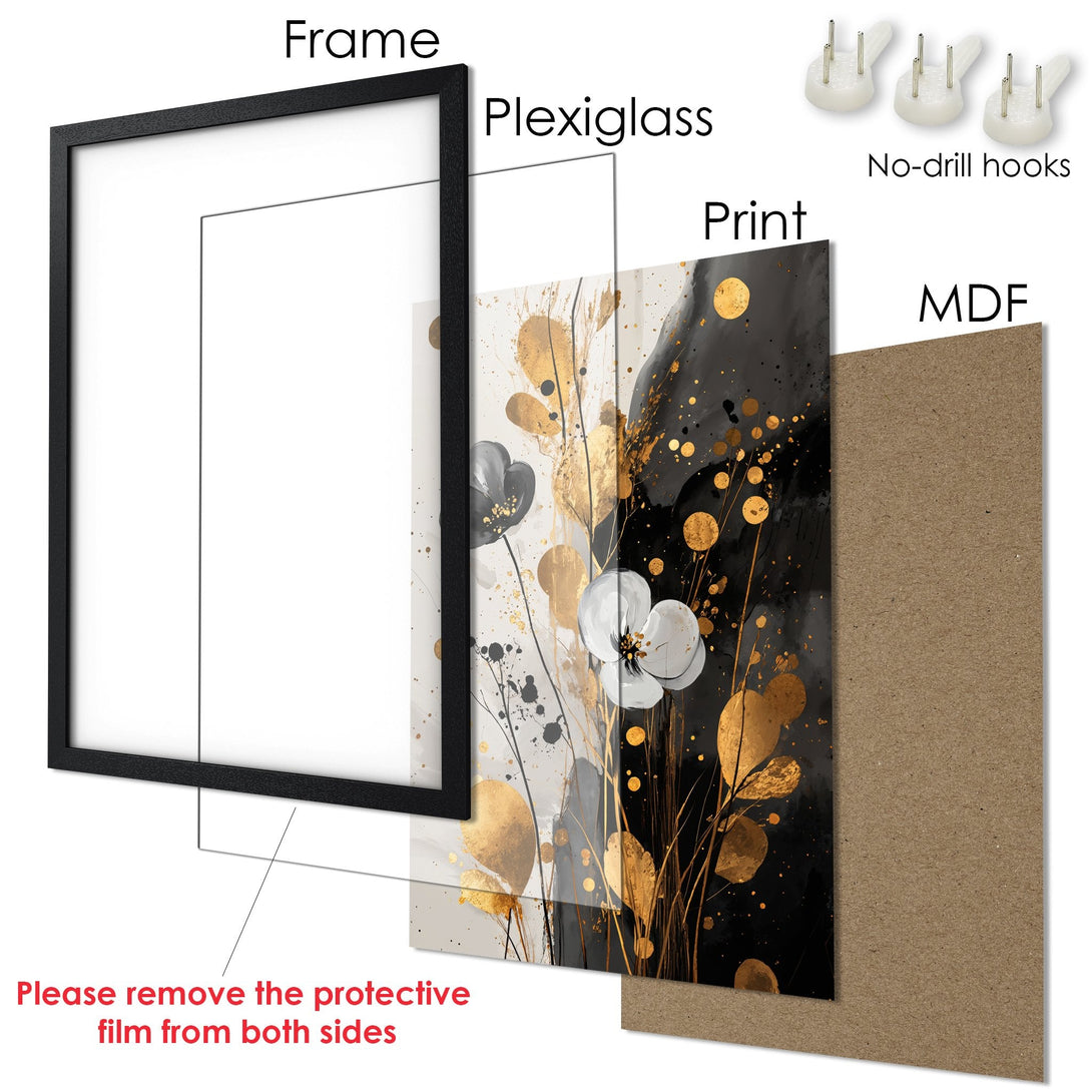 Framed Poster featuring an abstract floral design in black, gold, and white. Modern art style, perfect for home decor.