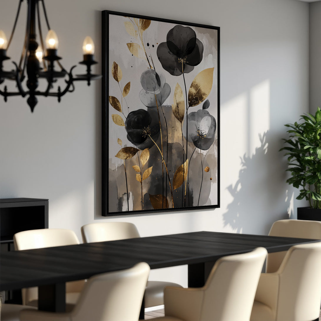 Framed Wall Art featuring elegant black and gold floral design. Modern abstract style with a neutral color palette, perfect for any interior.