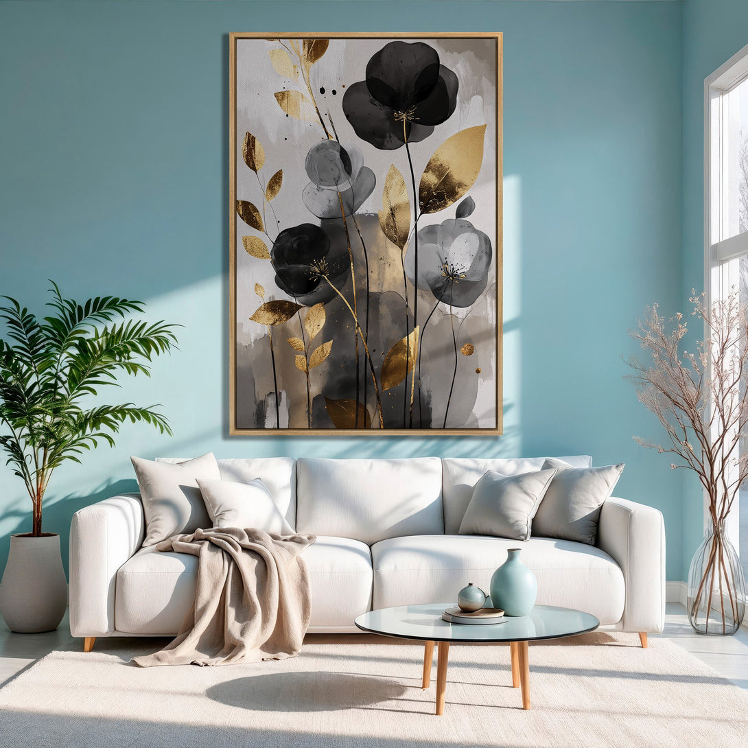 Framed Wall Art featuring abstract floral art in black, gold, and gray tones. Modern Canvas Print perfect for living room decor.