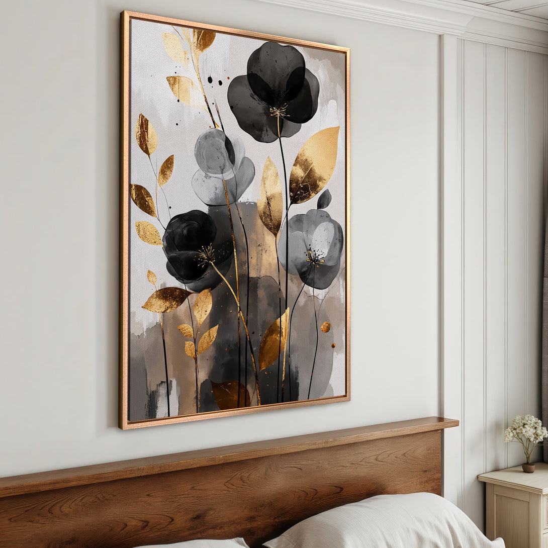 Framed Wall Art featuring abstract black and gold floral design. Modern canvas print with gray, gold, and black color palette. Perfect bedroom decor.