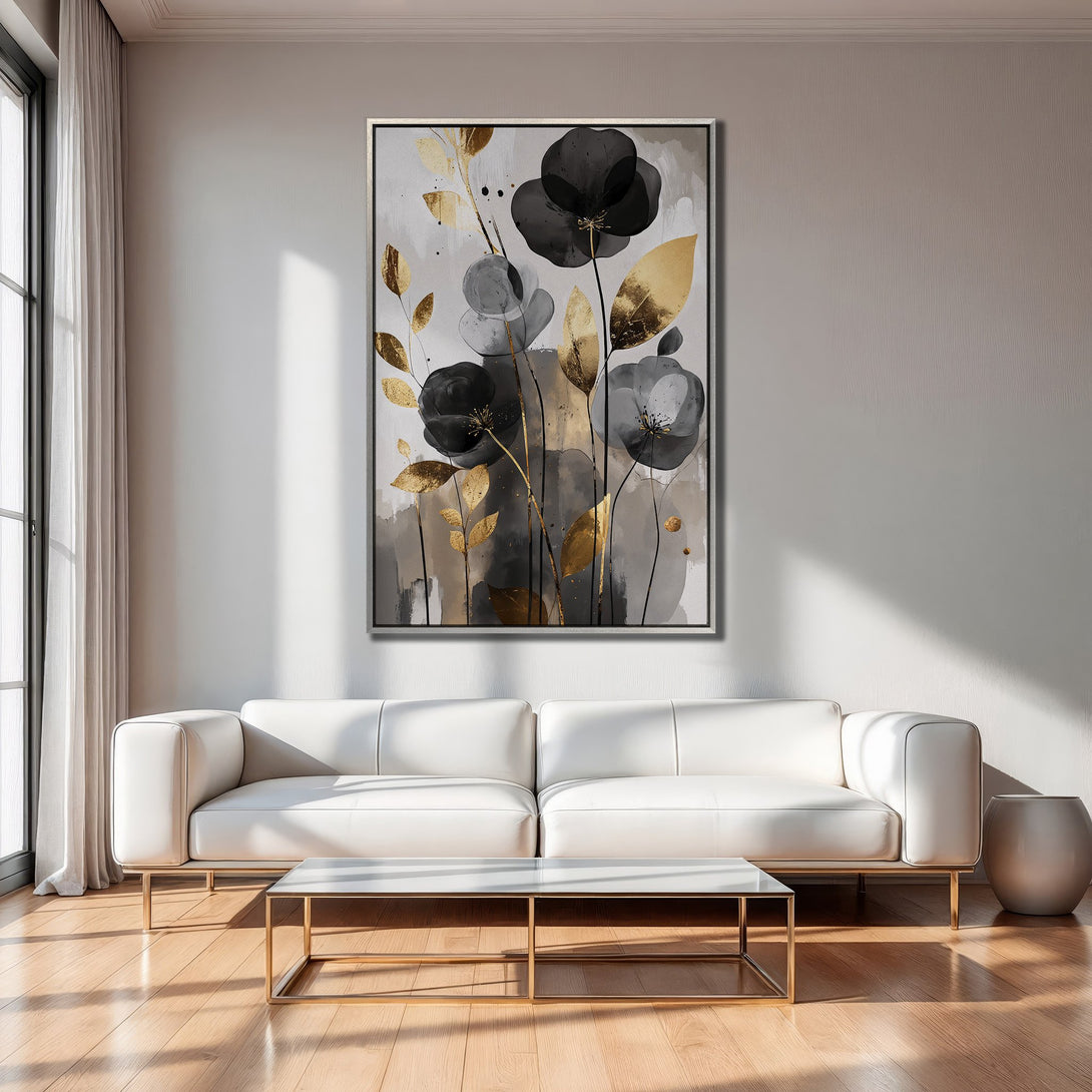 Abstract floral Canvas Print in black, gold, and gray, displayed in modern living room. Elevate your space with stylish wall art!