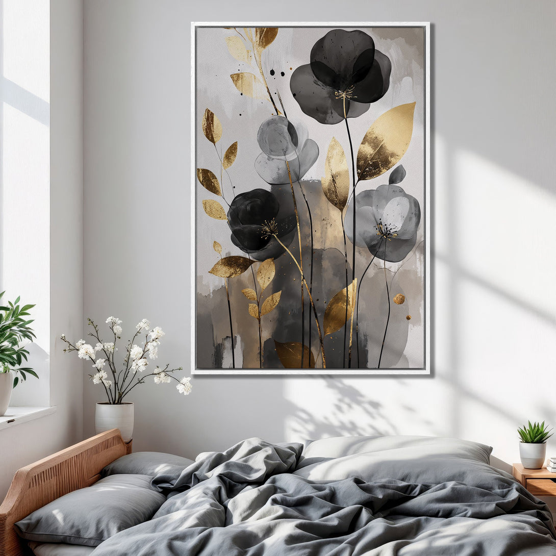 Framed Wall Art featuring elegant black and gold floral design. Modern abstract style with a neutral gray palette, perfect for bedroom decor.
