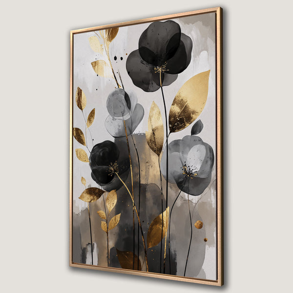 Framed Wall Art: Abstract floral Canvas Print with black, gold, and gray tones. Modern botanical art perfect for adding elegance to your home decor.