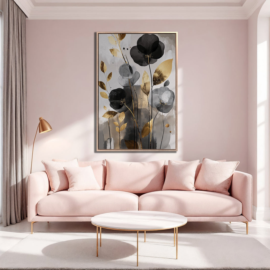 Framed Wall Art featuring abstract black and gold floral design. Modern art in a blush pink and neutral color palette, perfect for living room decor.