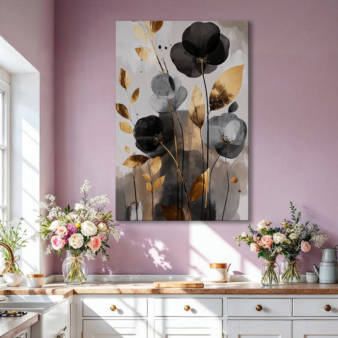 Abstract floral Canvas Print in gold frame. Modern art with black, gray, and gold palette. Perfect for living room decor.
