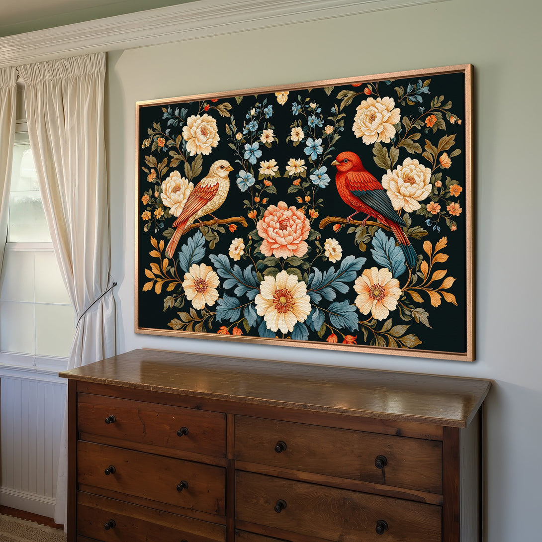 Framed Wall Art: Floral bird design in a vintage style. Features a dark background with birds, flowers, and a warm color palette. Perfect for home decor.