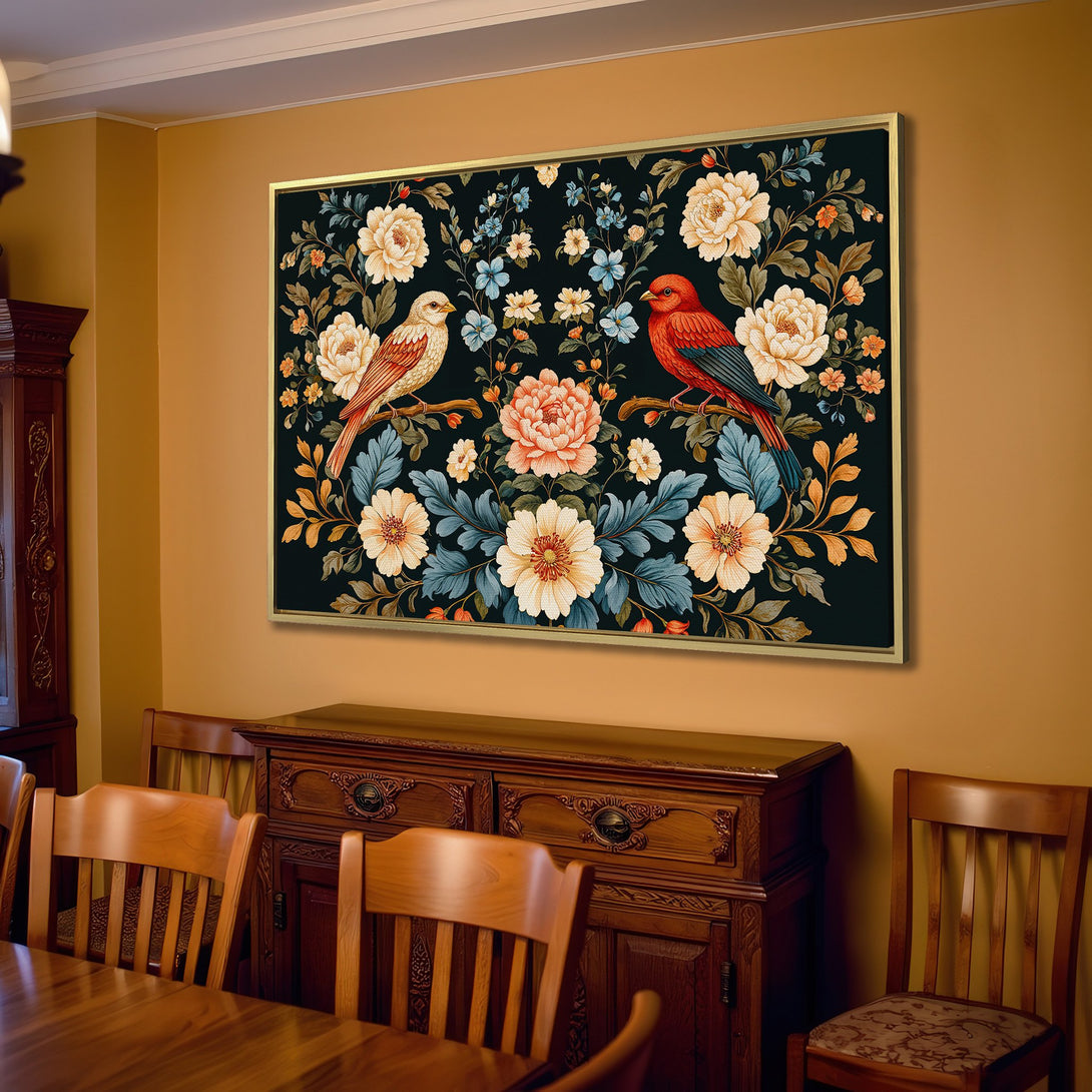 Canvas Print featuring birds and floral design in warm, earthy tones. Perfect for adding a touch of nature and elegance to your home decor.