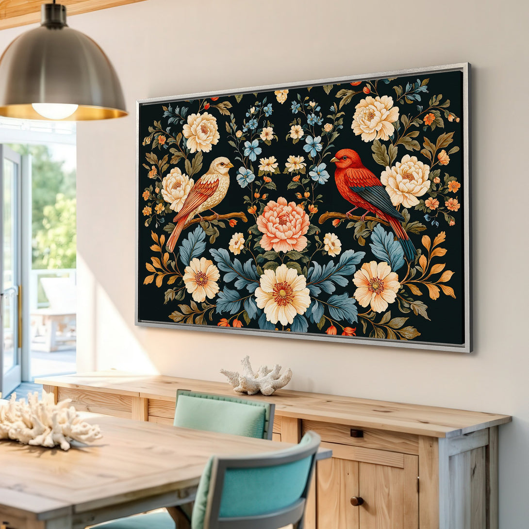 Framed Wall Art: Floral bird print in a vintage style, featuring a dark background and a warm, inviting color palette. Perfect for home decor!