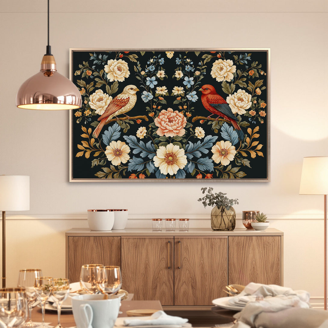 Framed Wall Art: Floral bird print in a dining room. Features a dark background with cream, orange, blue, and gold accents. Perfect for elegant home decor.