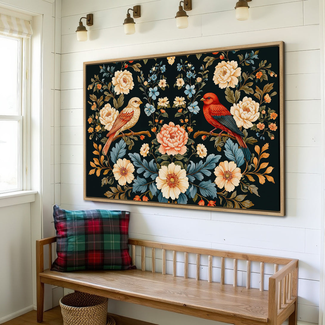Framed Wall Art featuring birds and floral design in a vintage style. Rich colors of orange, blue, and cream on a black background. Perfect for home decor.
