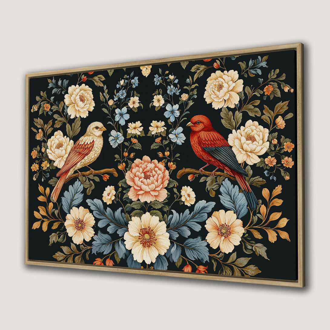 Framed Wall Art featuring birds and floral design in a vintage style, with a dark background and warm color palette. Perfect for home decor!