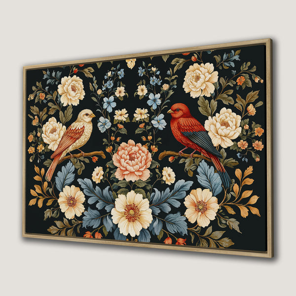 Framed Wall Art featuring birds and floral design in a vintage style, with a dark background and warm color palette. Perfect for home decor!