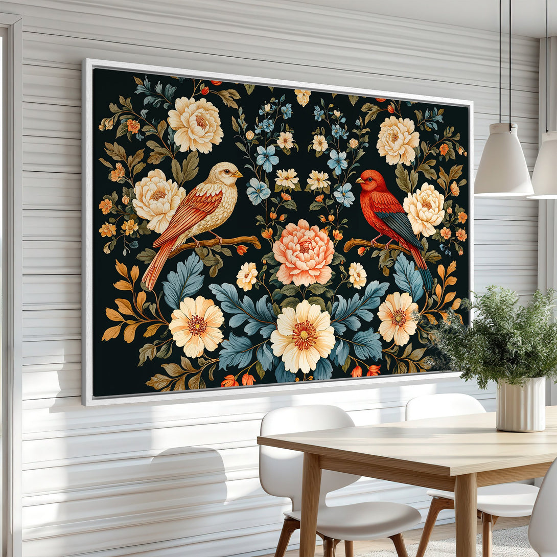 Framed Wall Art featuring birds and floral design in a vintage style. Rich color palette with dark background, cream, orange, and blue accents. Perfect for home decor.