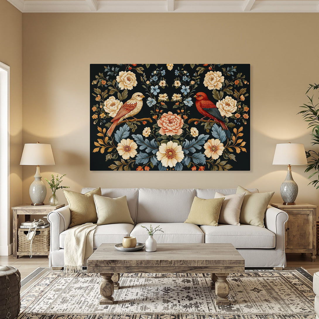 Framed Wall Art: Floral birds Canvas Print in a classic style with a dark background and a warm color palette of orange, cream, and blue.