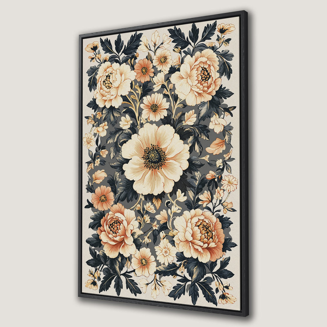 Framed Wall Art featuring a floral design with peonies. Classic style, warm color palette of creams, oranges, and deep blues. Perfect for adding elegance to any space.