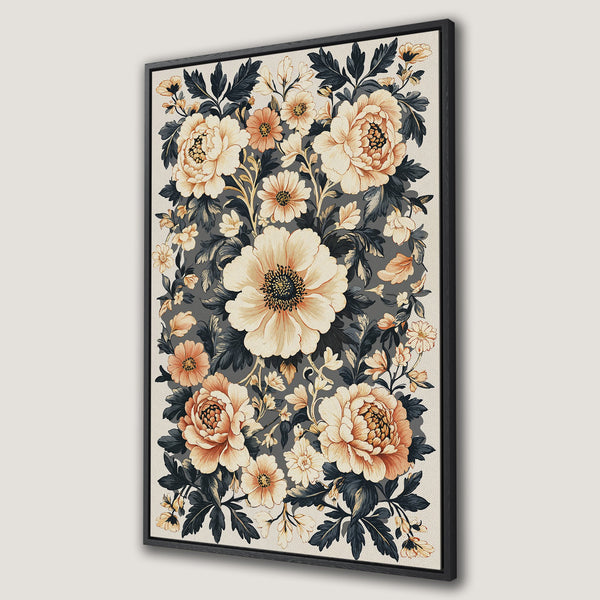 Framed Wall Art featuring a floral design with peonies. Classic style, warm color palette of creams, oranges, and deep blues. Perfect for adding elegance to any space.