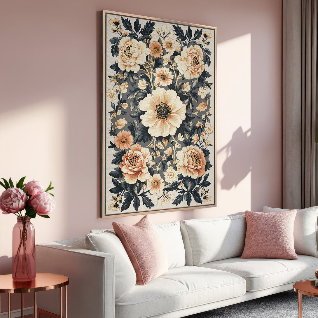 Framed Wall Art featuring a floral design in a vintage style with a soft peach and grey color palette. Perfect for adding elegance to your home decor!