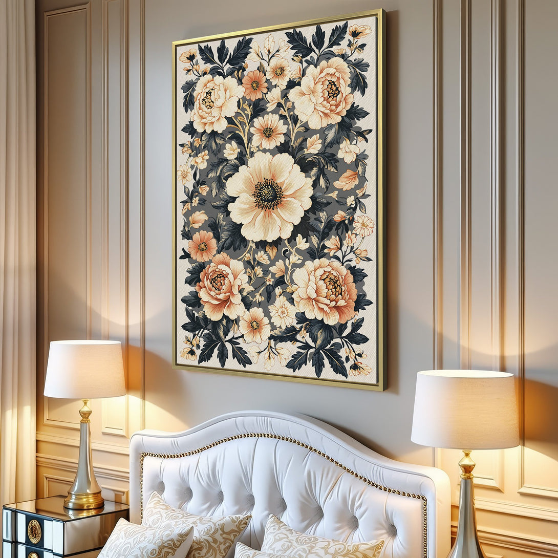 Canvas Print: Floral art in a neutral palette. Features large peach and cream flowers with dark green leaves. Perfect for modern home decor.