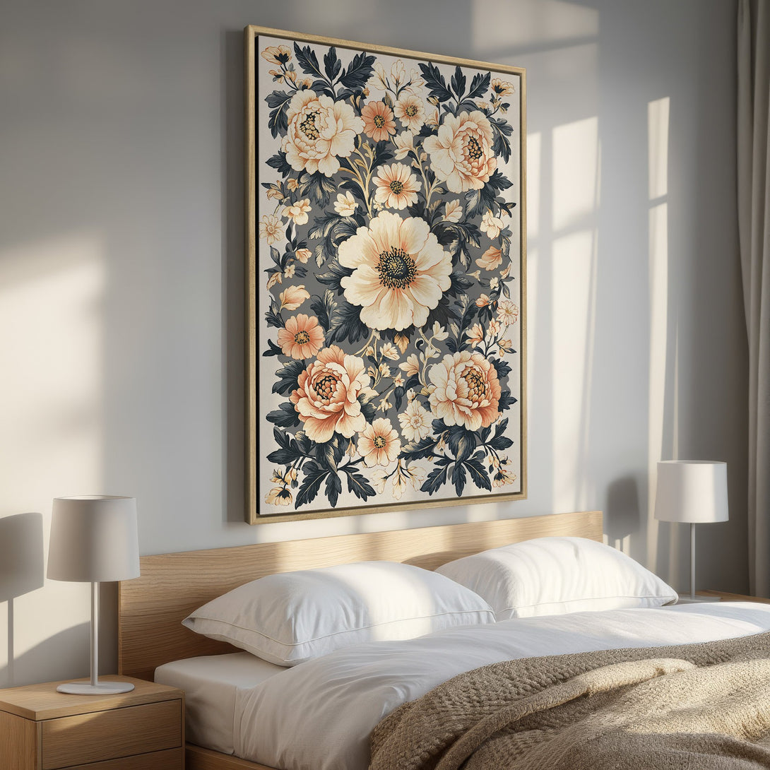 Framed Wall Art: Floral canvas print with a vintage style, featuring peach and cream flowers on a gray background, perfect for bedroom decor.