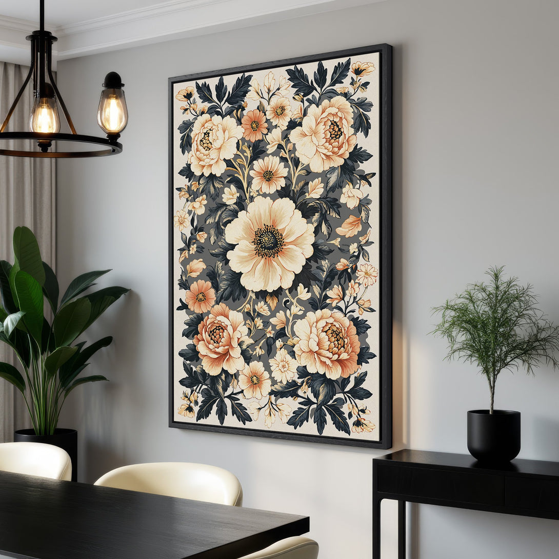 Framed Wall Art featuring a floral design in a vintage style with a warm color palette of peach, cream, and dark teal, perfect for adding elegance to your home.