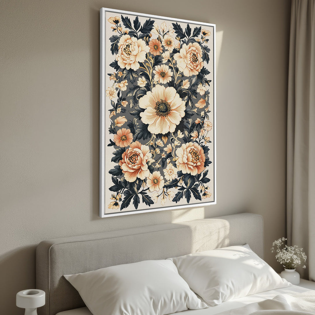 Framed Wall Art featuring elegant floral design in warm peach and navy tones. Perfect bedroom decor. Canvas print adds a touch of sophistication.