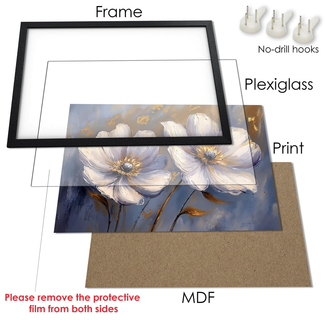Framed Poster featuring elegant white floral art with a blue and gold color palette. Enhance your space with this beautiful print!