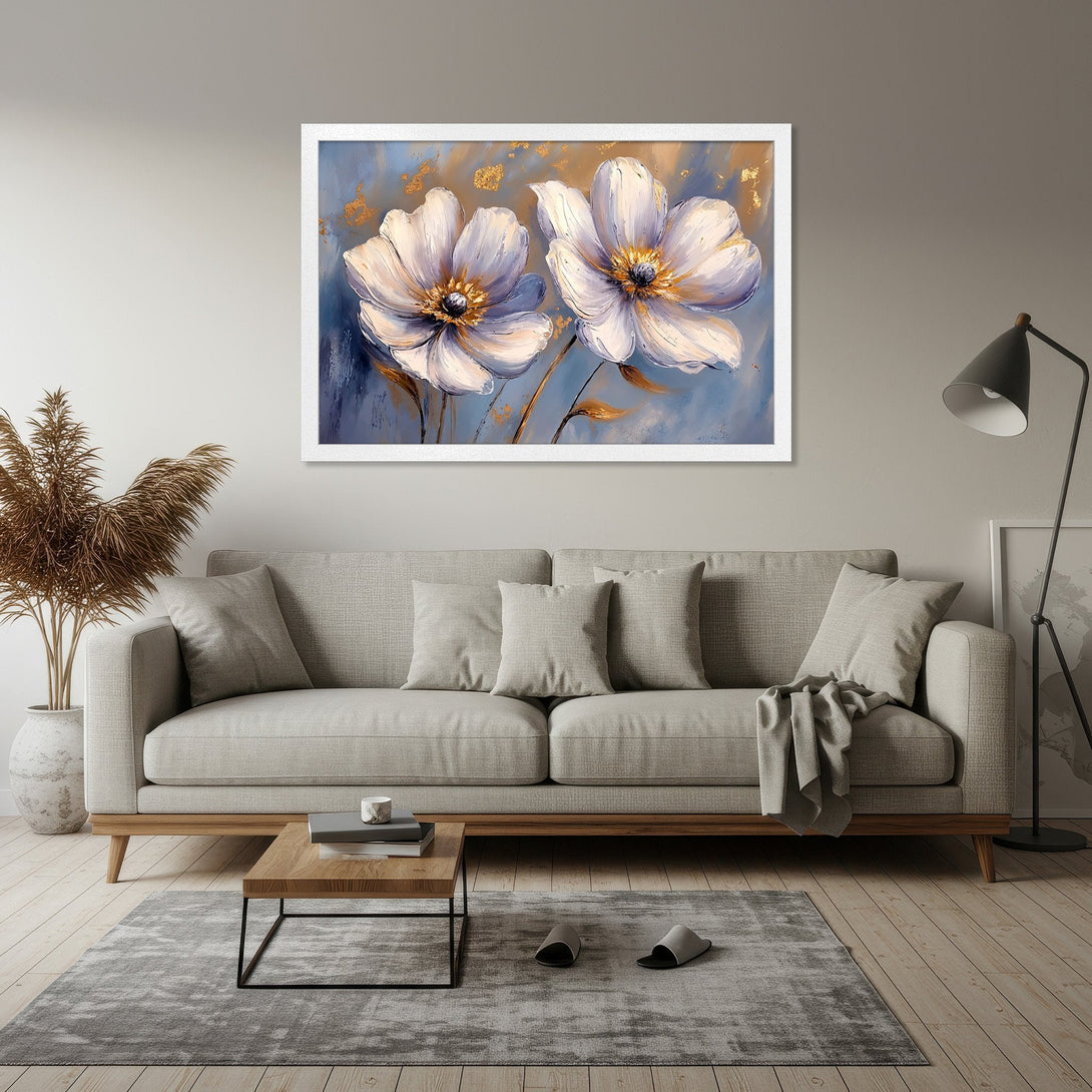 Framed Poster featuring abstract floral art in white, blue, and gold. Perfect for adding a touch of elegance to any room.