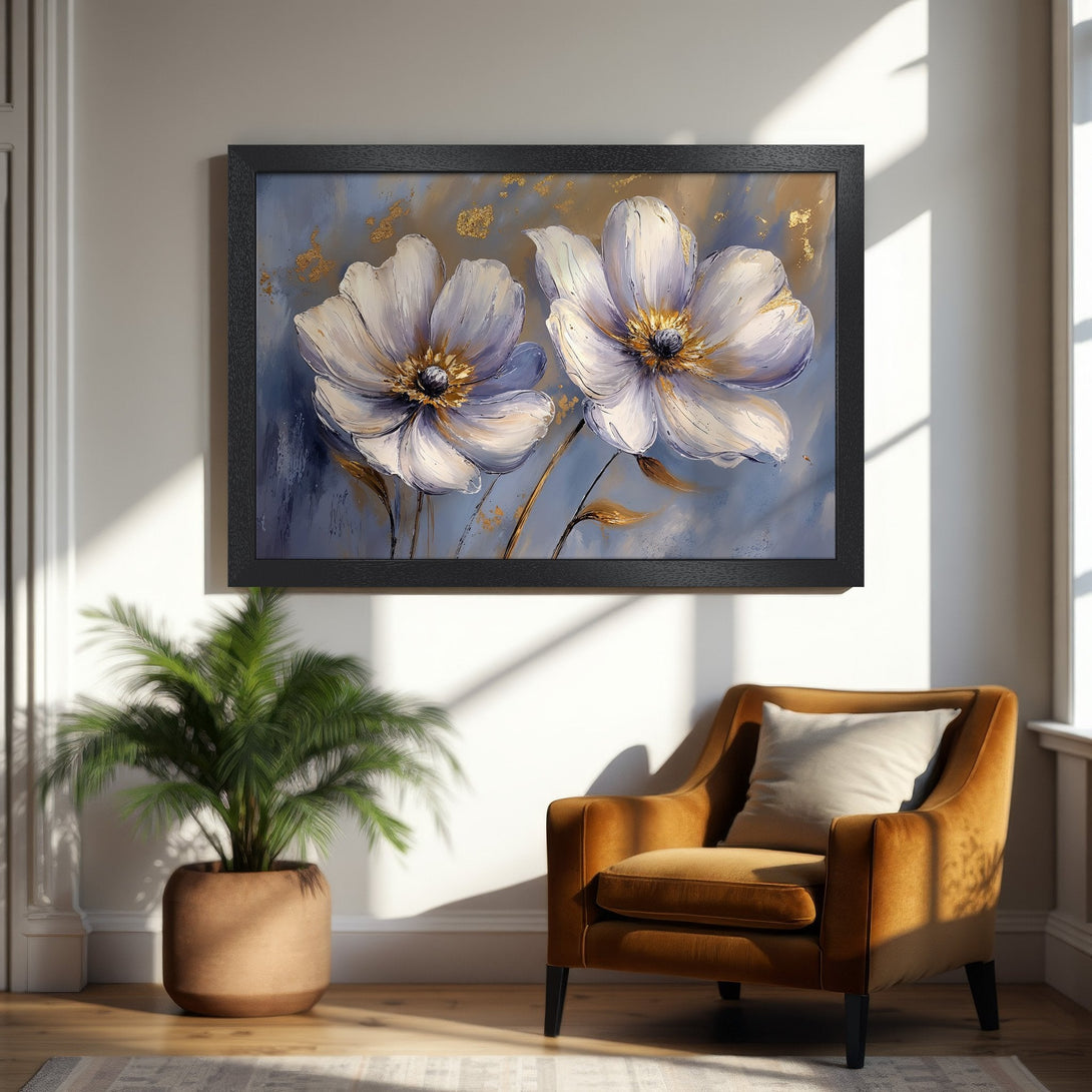 Framed Poster featuring white flowers with gold accents on a blue and gold background. Perfect for home decor.
