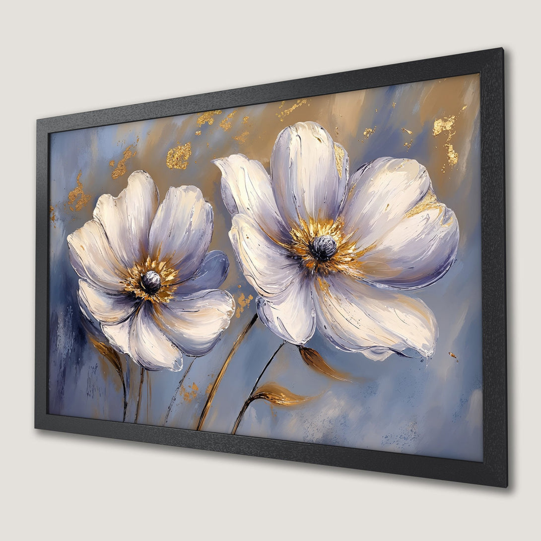 Framed Poster featuring elegant white floral art with gold accents on a blue and beige background.