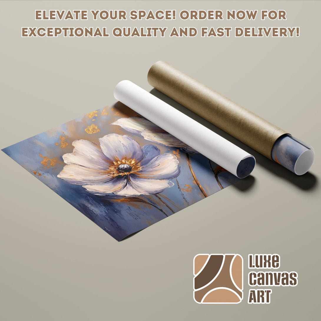 Abstract floral Poster Roll art in blue, white, and gold. Elevate your space!