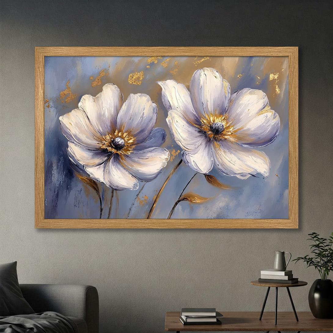 Framed Poster featuring white floral art with gold accents on a blue and gold background. Modern, elegant wall decor.