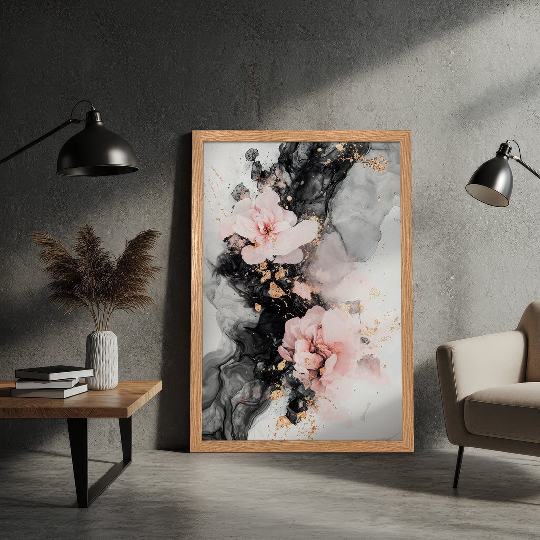 Framed Poster featuring abstract floral art in pink, black, and gold. Modern style, perfect for home decor.