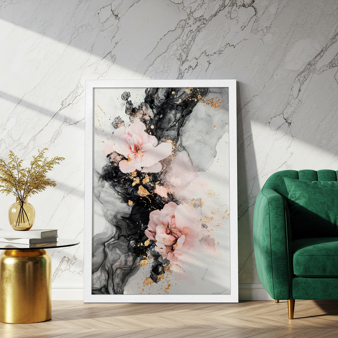Framed Poster featuring abstract floral art in black, pink, and gold. Modern wall decor for a stylish home.