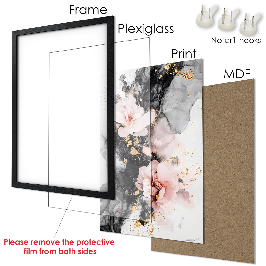 Framed Poster featuring floral art in a watercolor style with a pink, gray, and gold color palette. Perfect wall decor!