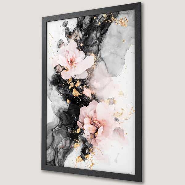 Framed Poster featuring abstract floral art in a modern style with a black, white, pink, and gold color palette. Perfect wall decor!