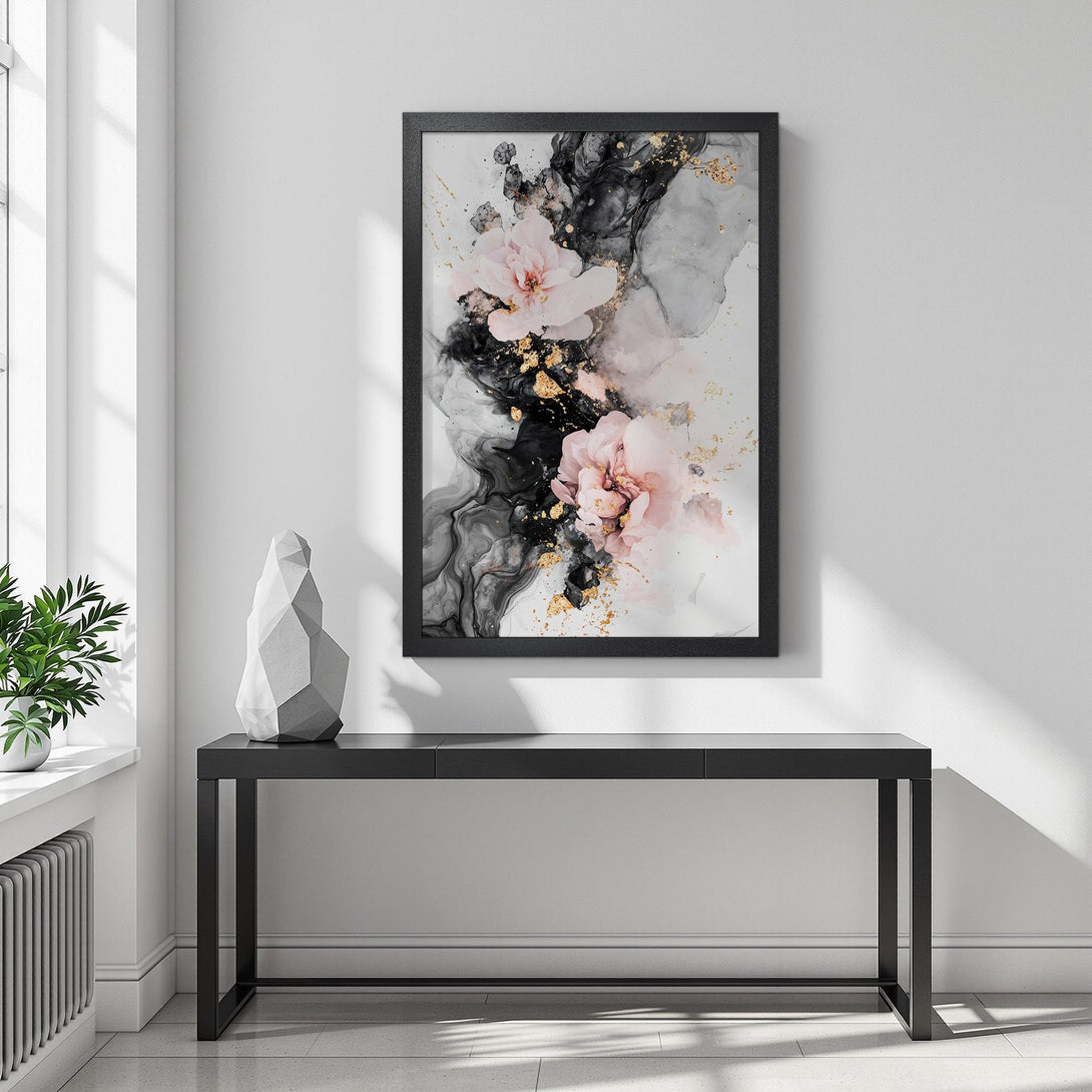 Framed Poster featuring abstract floral art in black, blush pink, and gold. Modern wall decor for a stylish home.