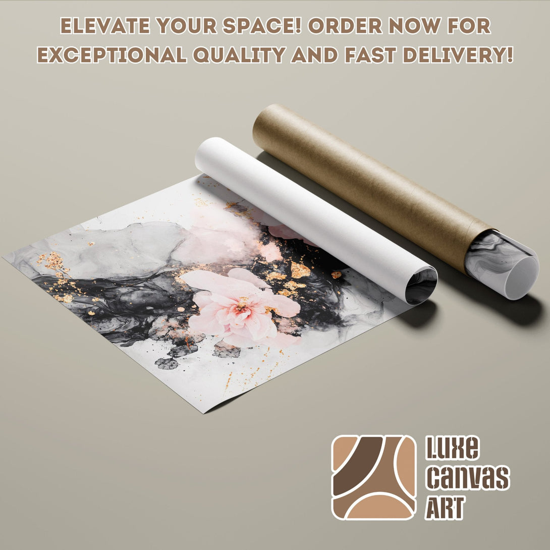 Poster Roll featuring abstract floral art in black, gray, pink, and gold. Modern style, neutral color palette. Order your art today!